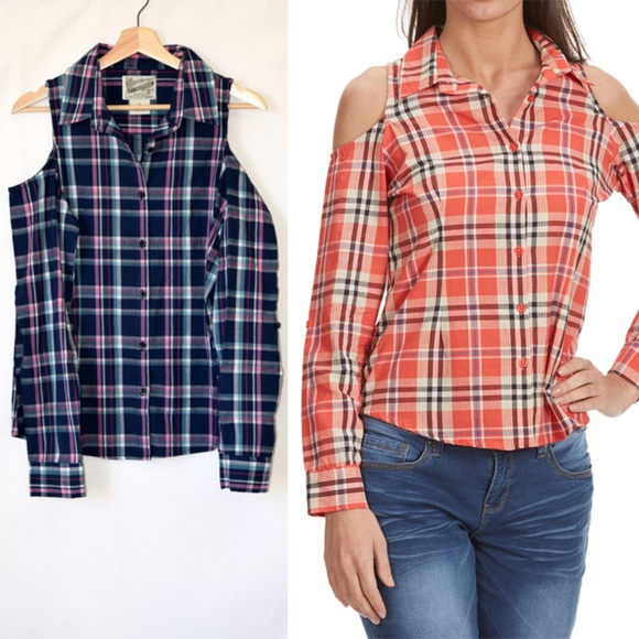 Overdrive Tops - Overdrive Plaid Cold-Shoulder Shirt Navy